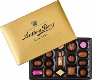 Anthon Berg Luxury Gold 200g – eleganckie złote opakowanie z luksusowymi pralinami z marcepanem i alkoholem